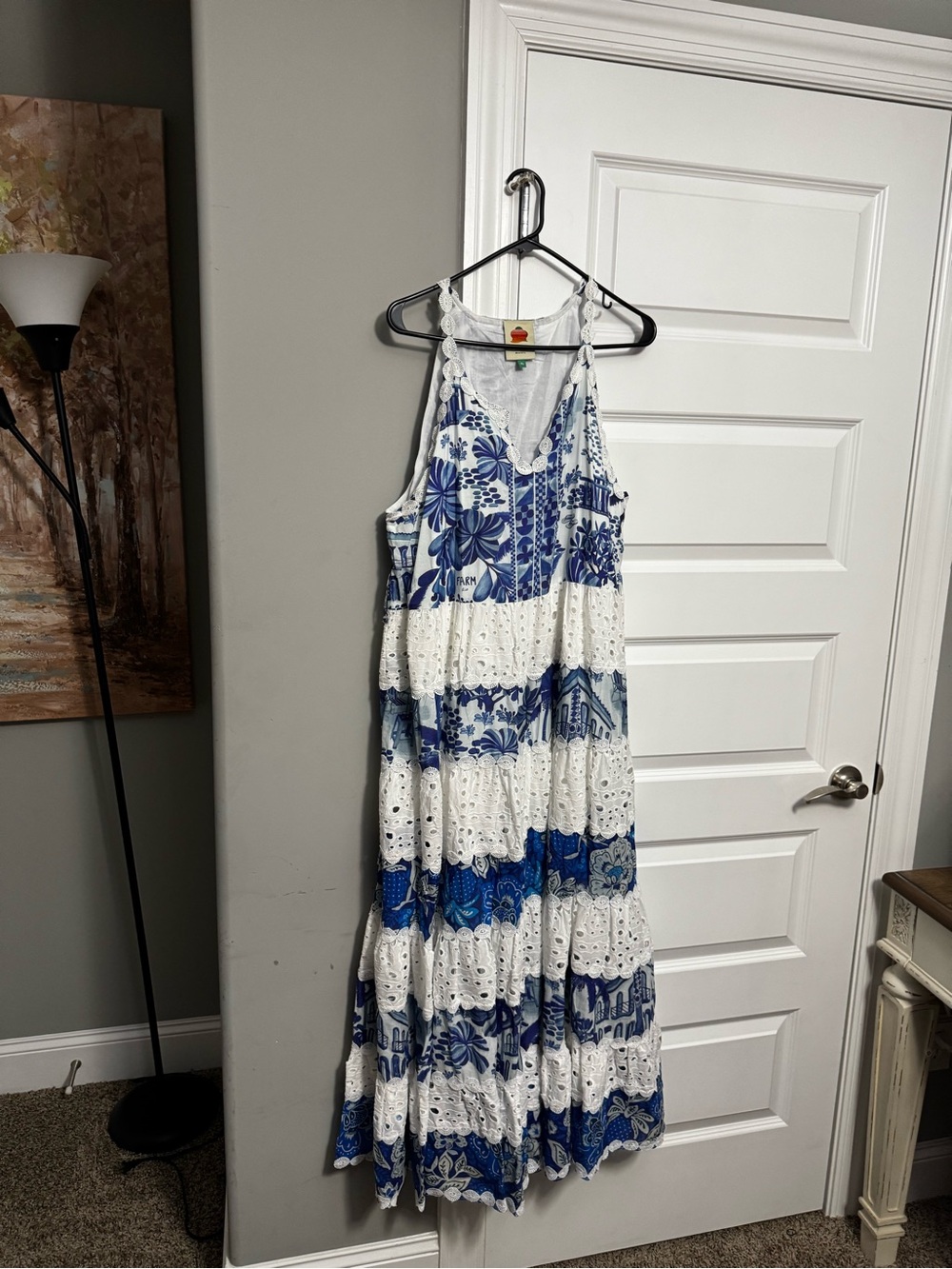 FARM Rio Blue & White Floral Tiered Maxi Dress